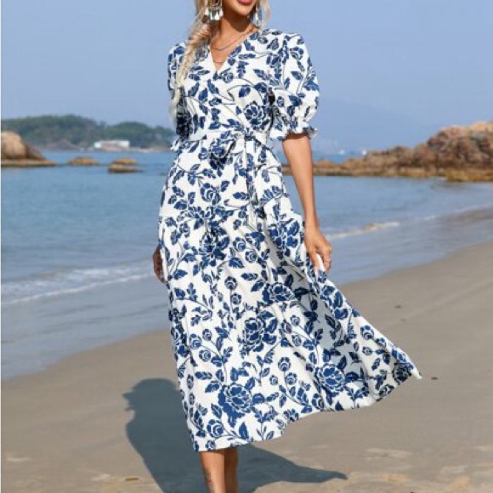 SHEIN White with Blue Floral Maxi Dress Small